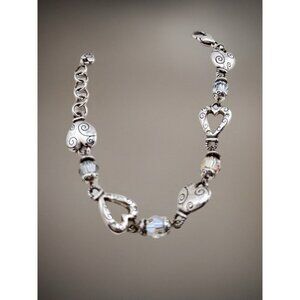 Brighton Heartland Bracelet Silver Scroll Hearts Crystals Adjustable 7-8”